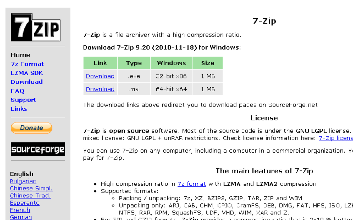 The 7-Zip download page