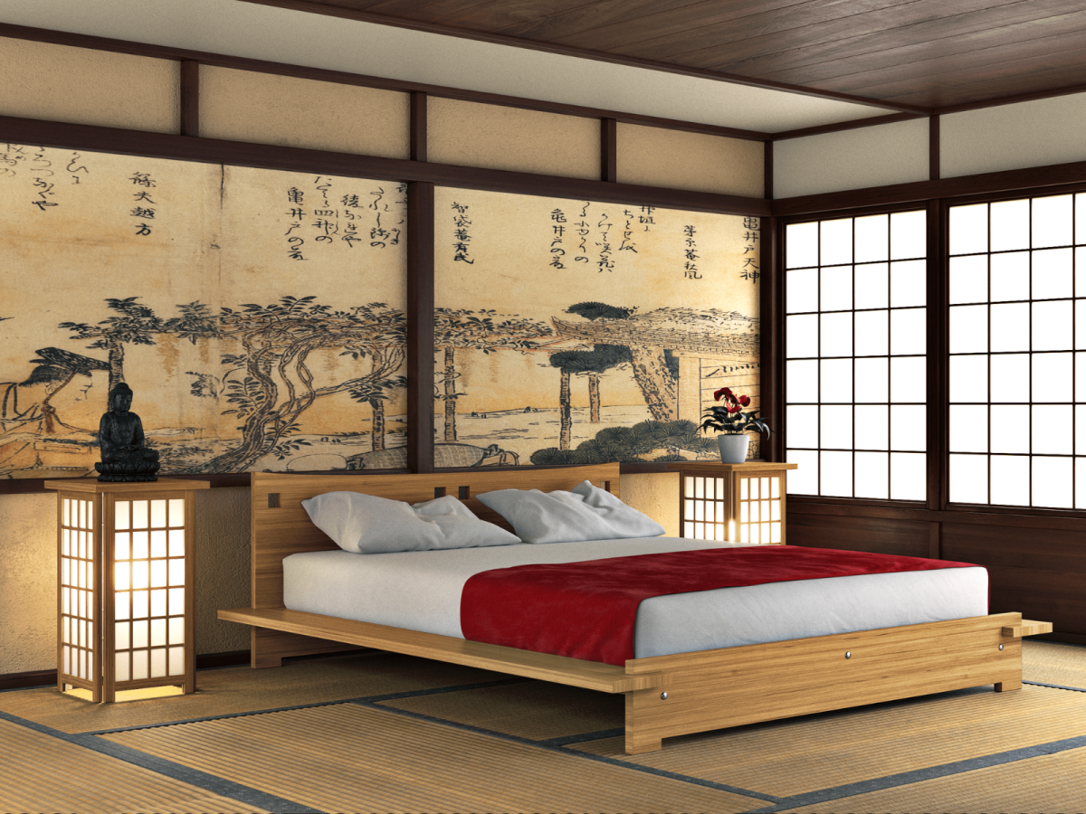 A Japanese style bedroom works well for the Chinese Zodiac the Rabbit. A low lying bed, paper and wood, windows, and lanterns. The delicate imagery and the garden imagery.