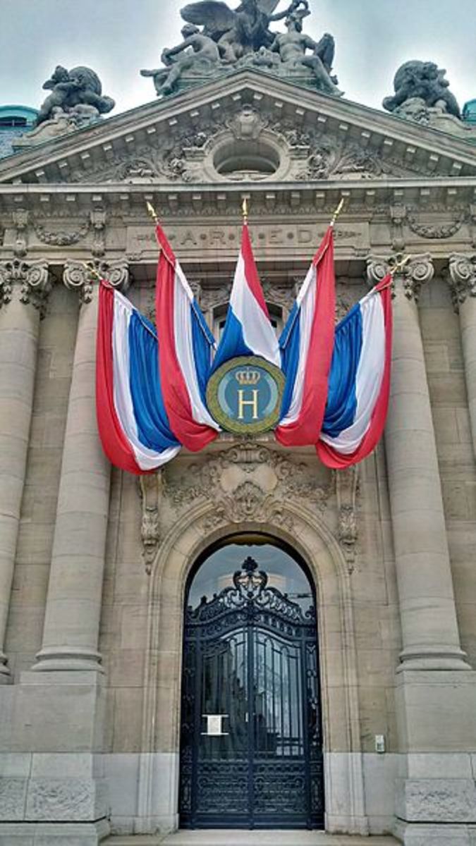 Entrance to the ARBED building on Avenue de la Liberté, decorated for National Day 