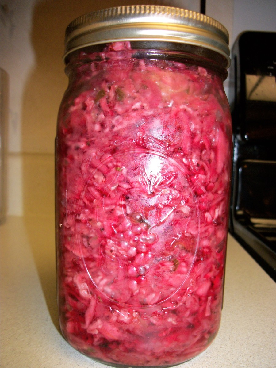 Lacto-fermented red cabbage with beets and beet greens.  Personal photo.  