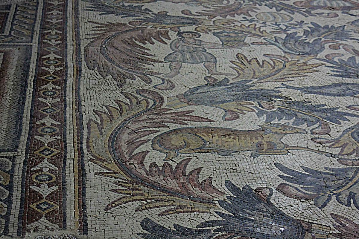 Part of another mosaic from the Church of Preacher John on Mount Nebo. Many ancient churches on Mount Nebo feature mosaic floors, often illustrating hunting or pastoral scenes 