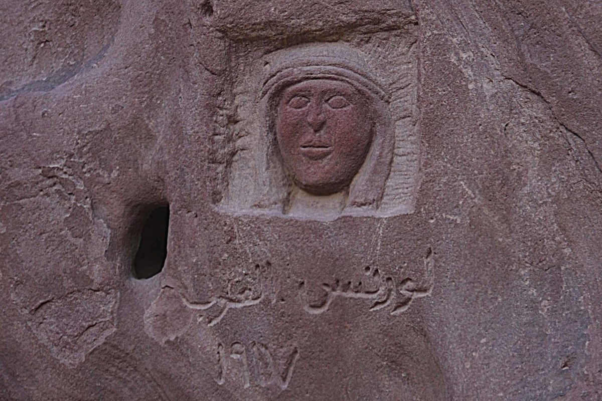 An image of T.E Lawrence, carved into the rock of Wadi Rum as a tribute to the celebrated British soldier's role in the  Arab Revolt against the Turks 