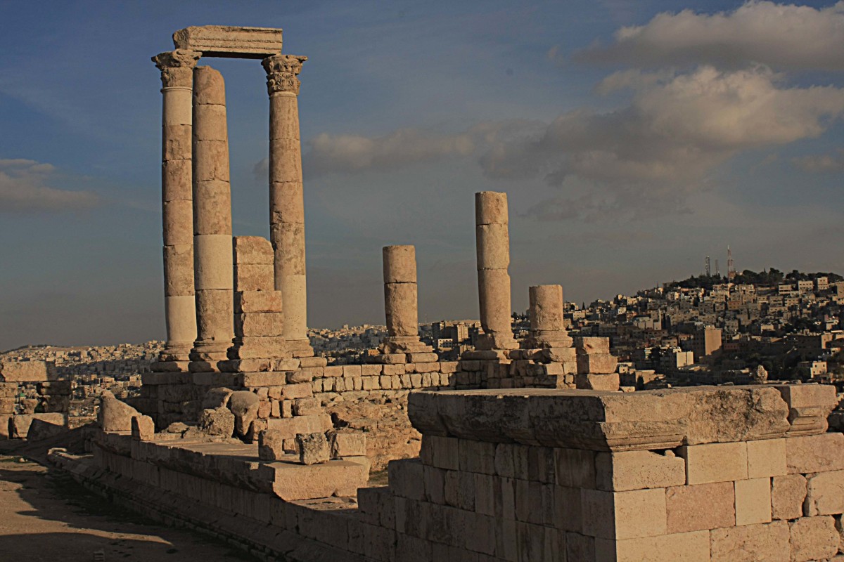 The Temple of Hercules on The Citadel with modern Amman in the background