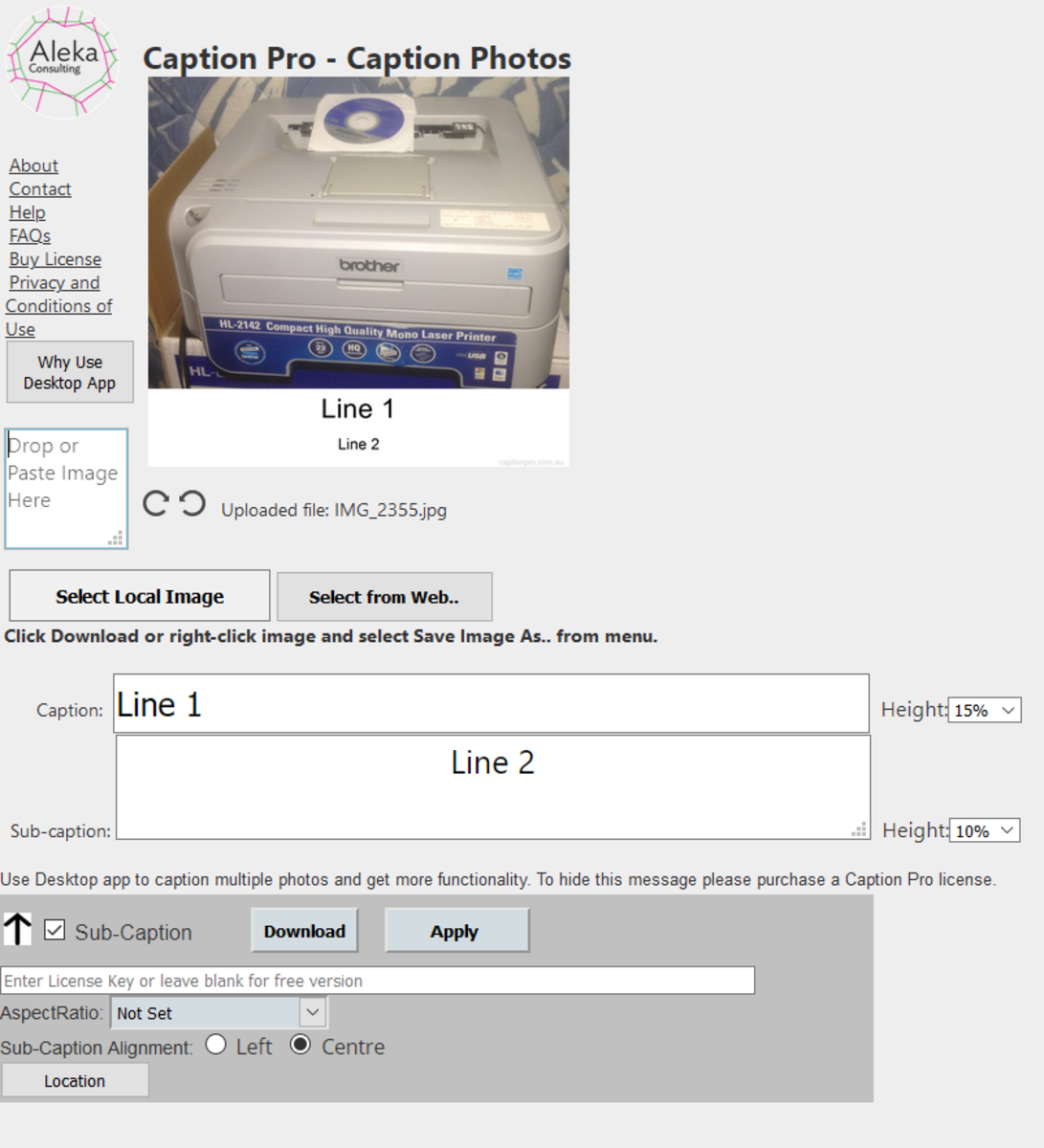 Caption Pro Web Interface  showing Caption and Sub-Caption