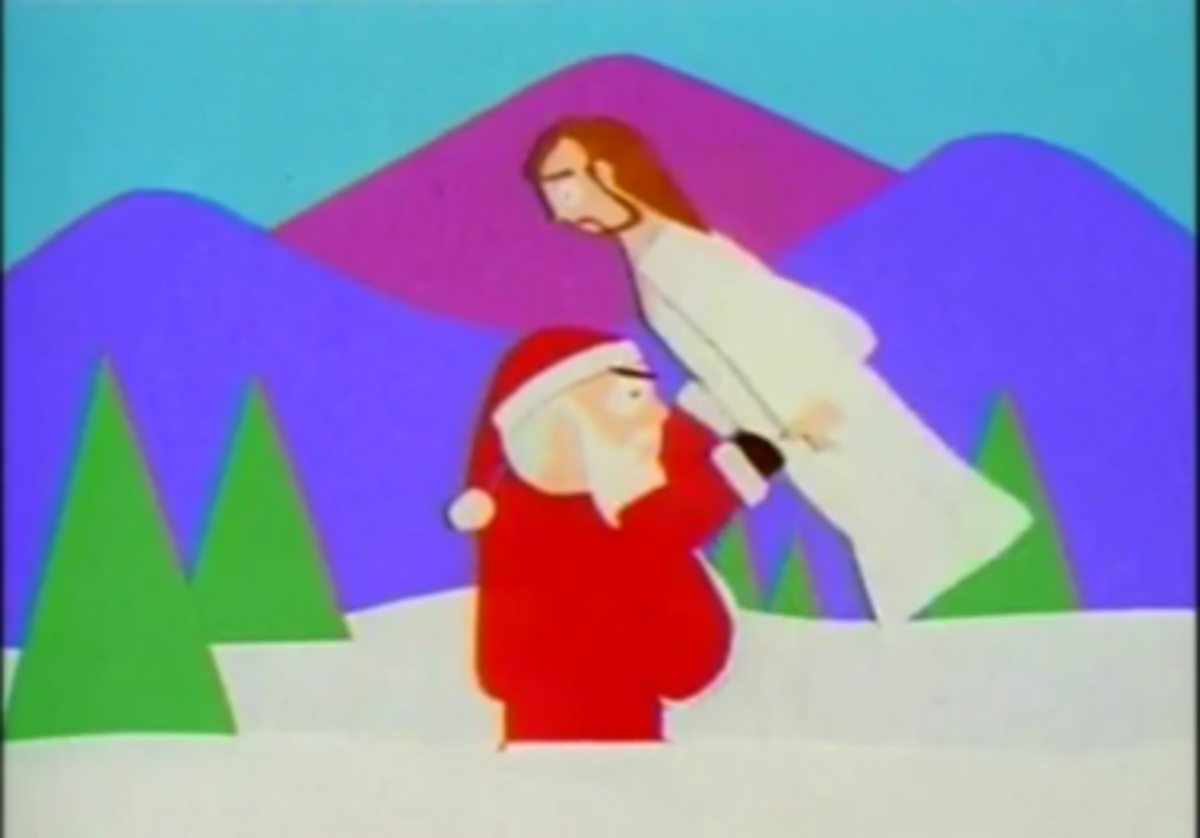 Jesus and Santa going mano-a-mano in South Park's cardboard-cutout Colorado snow.