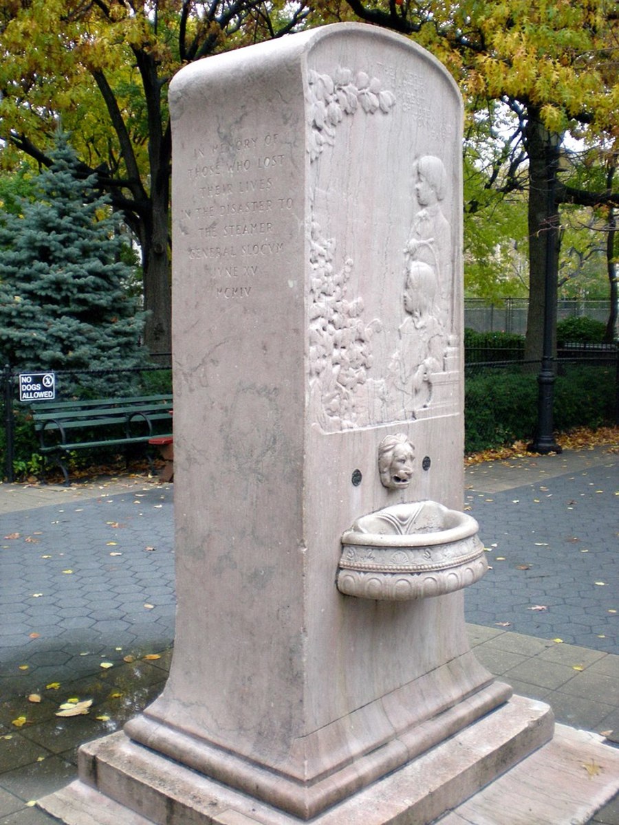This General Slocum disaster memorial stands in Tompkins Square Park, Manhattan.