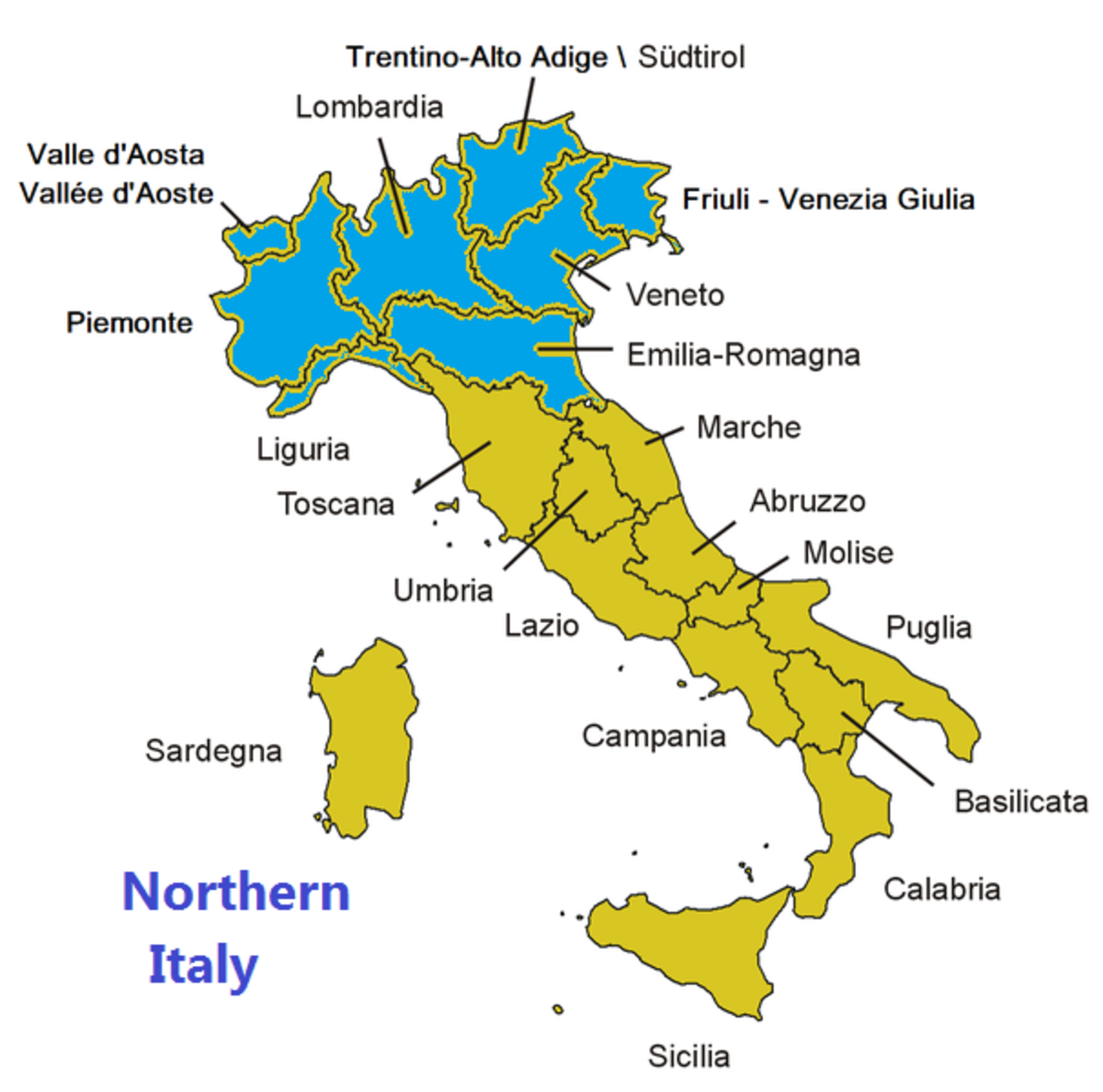 Regions of Italy, Northern Italy in blue.