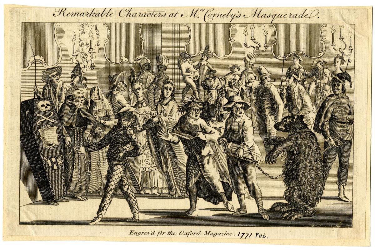"Remarkable characters at Mrs. Cornely's masquerade", engraved for the Oxford Magazine, Feb. 1771 © The Trustees of the British Museum 