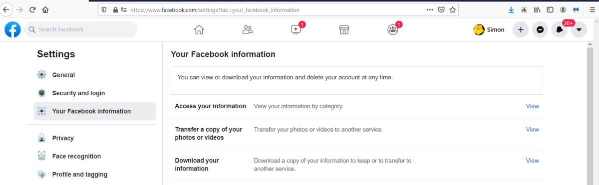 Accessing the Download Information Option  for personal Facebook pages