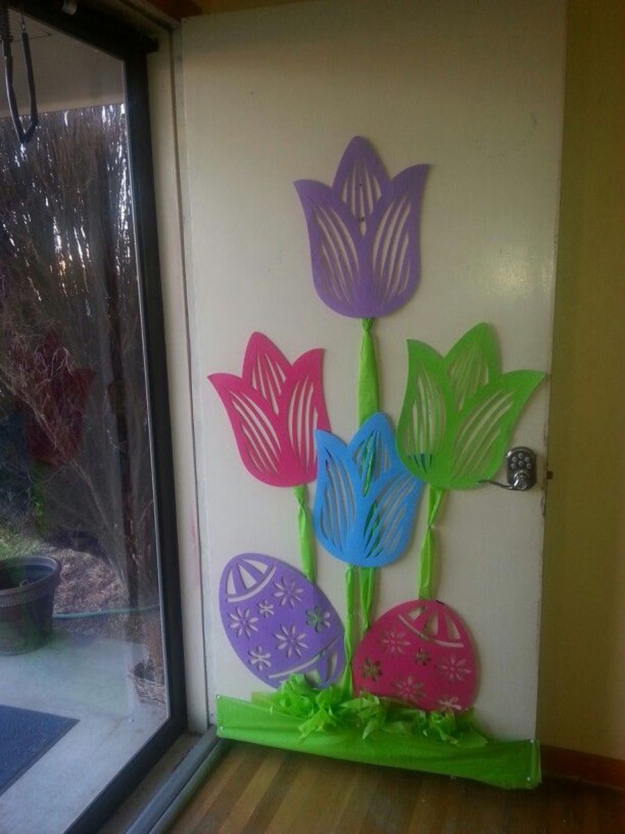 Springtime tulips decorate this door.