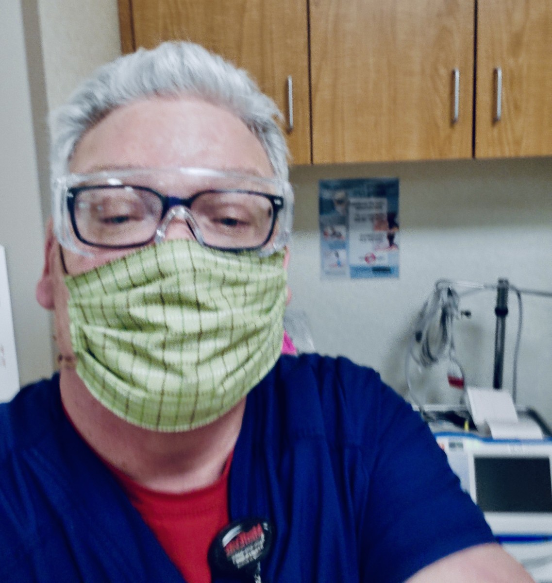 A break from the full PPE with a cloth mask made by a caring friend.