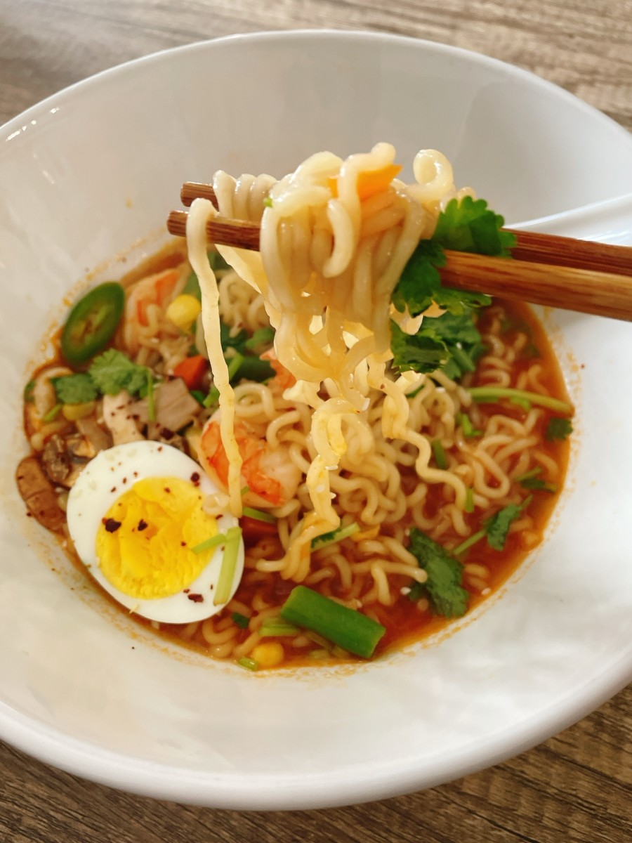 The ramen is definitely not boring; it's absolutely delicious! The broth is spicy, just the way I like it. Yum! 
