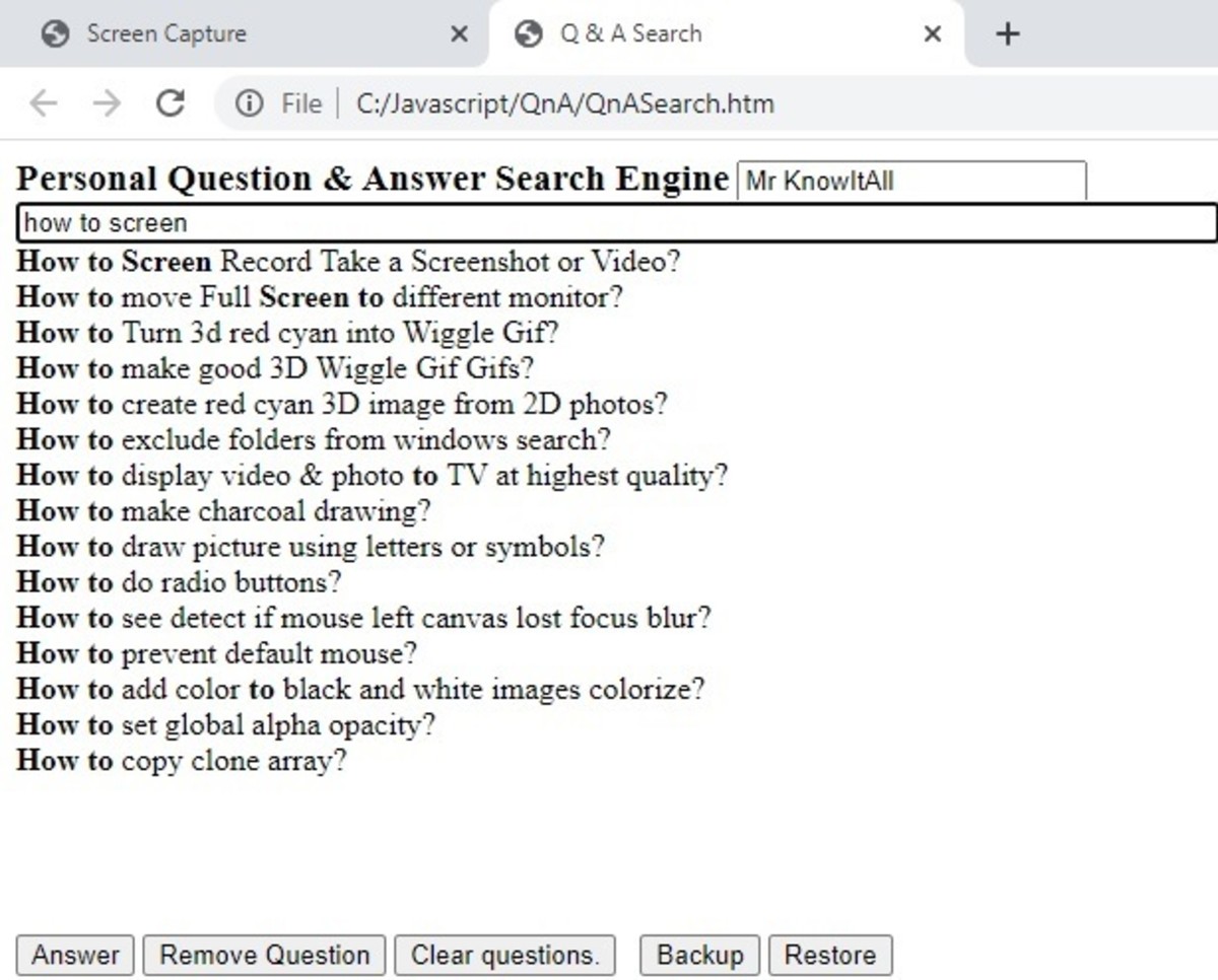 Screenshot of a personal question and answer search engine.