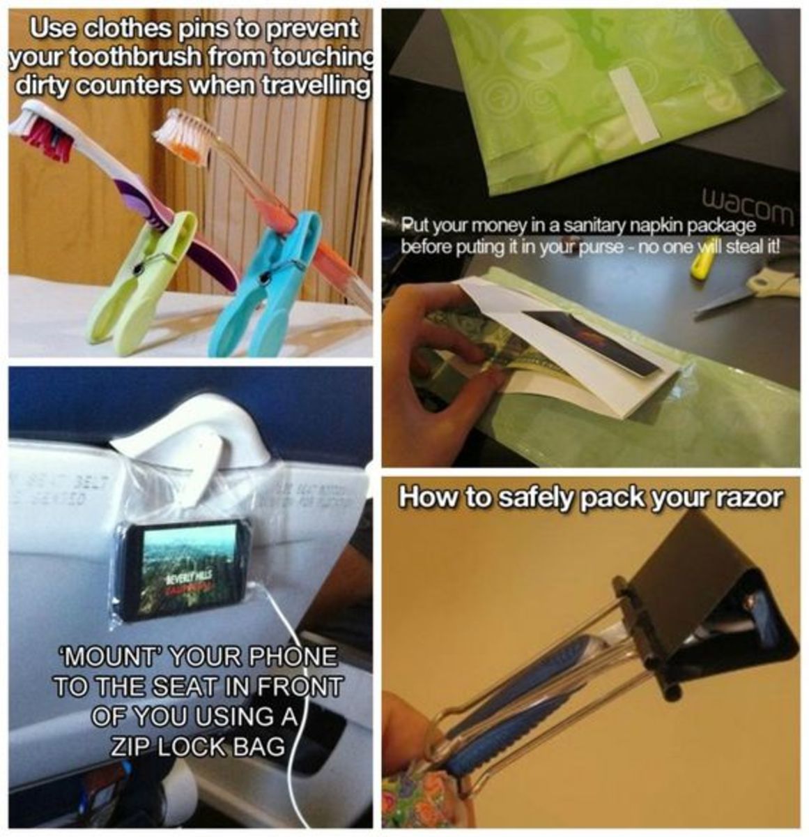 Here are a bunch of hacks for traveling that use simple items like clothespins and zip-closure bags.