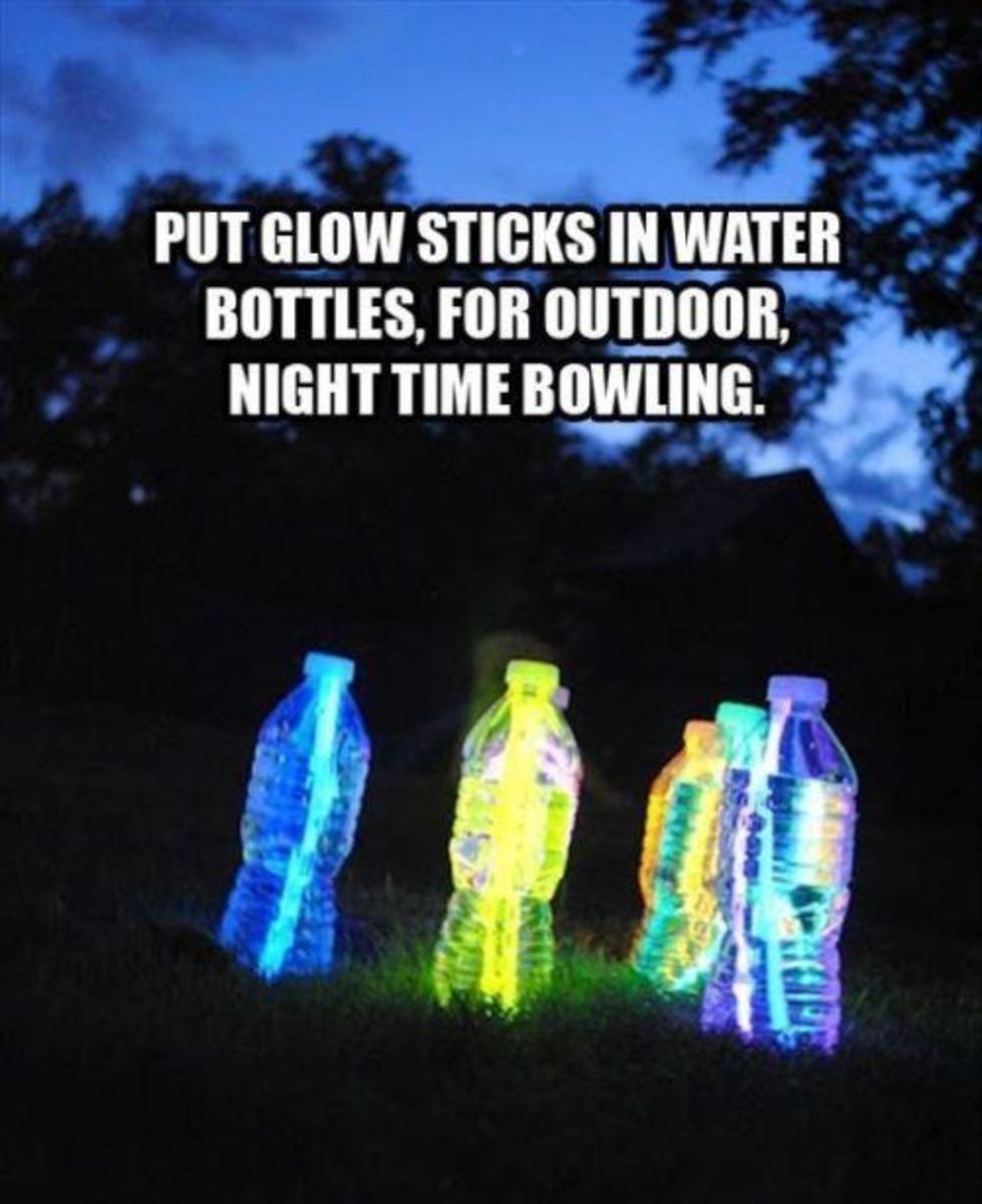 Use glow sticks to create an illuminated nighttime bowling set!