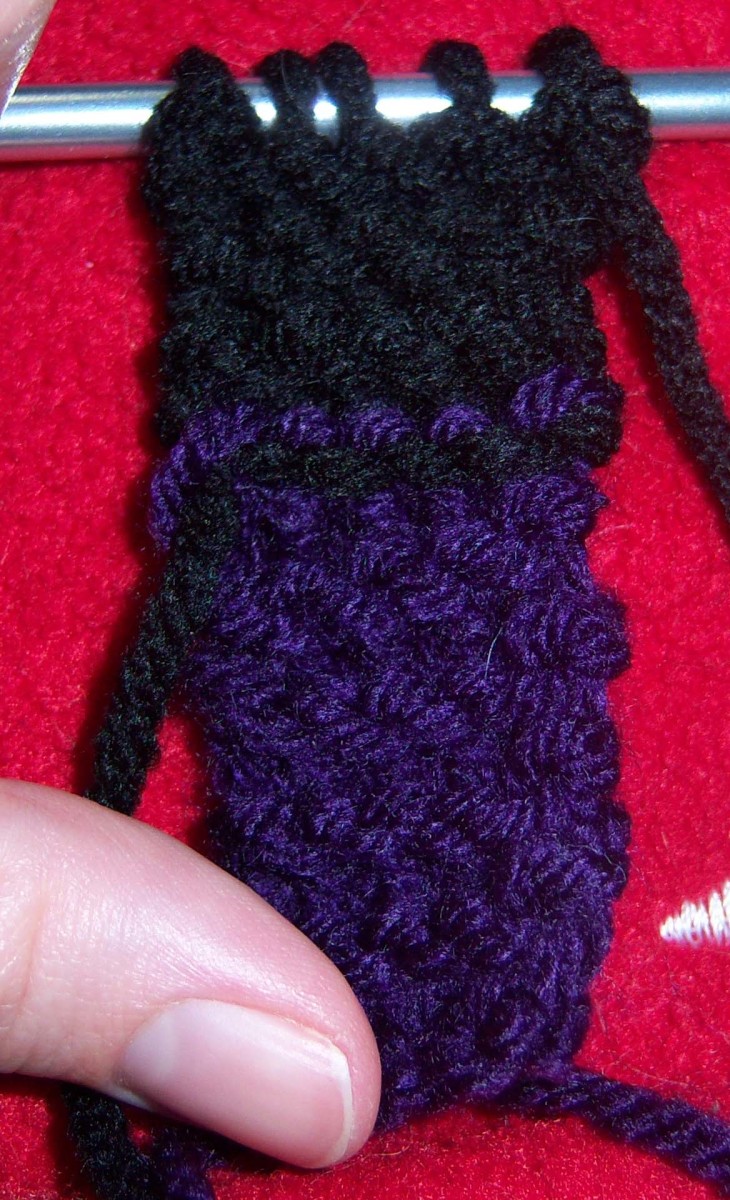 The black yarn was done with the traditional method of turning the project after every row. The purple was done with the knit-purl method. They look exactly the same.