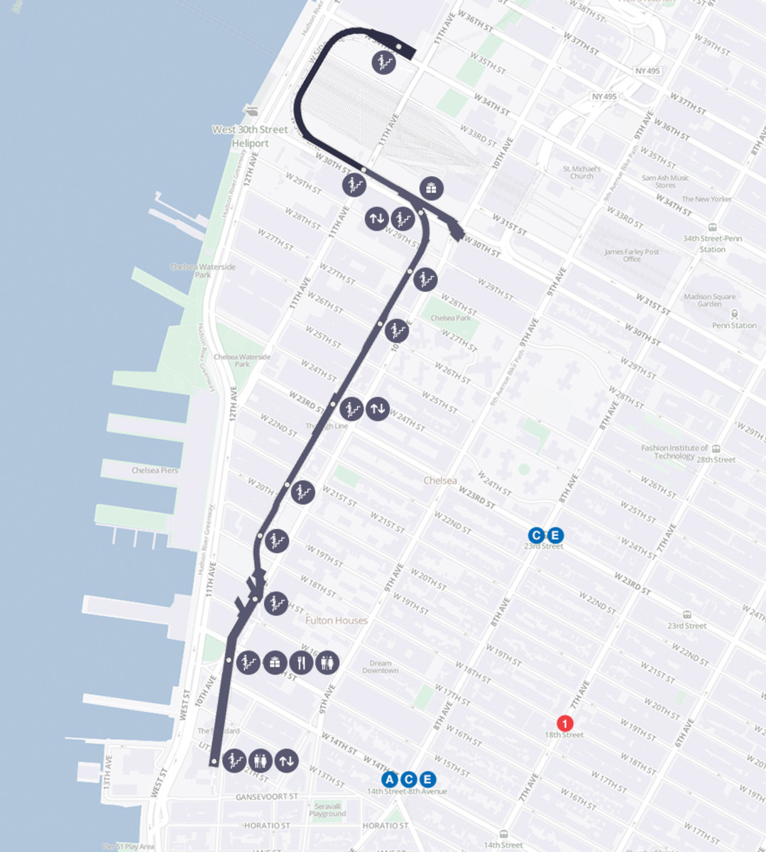This map shows the northern segment of The High Line Park , which bows west towards the Hudson River, then curves in at 34th Street to a terminus at 11th Avenue