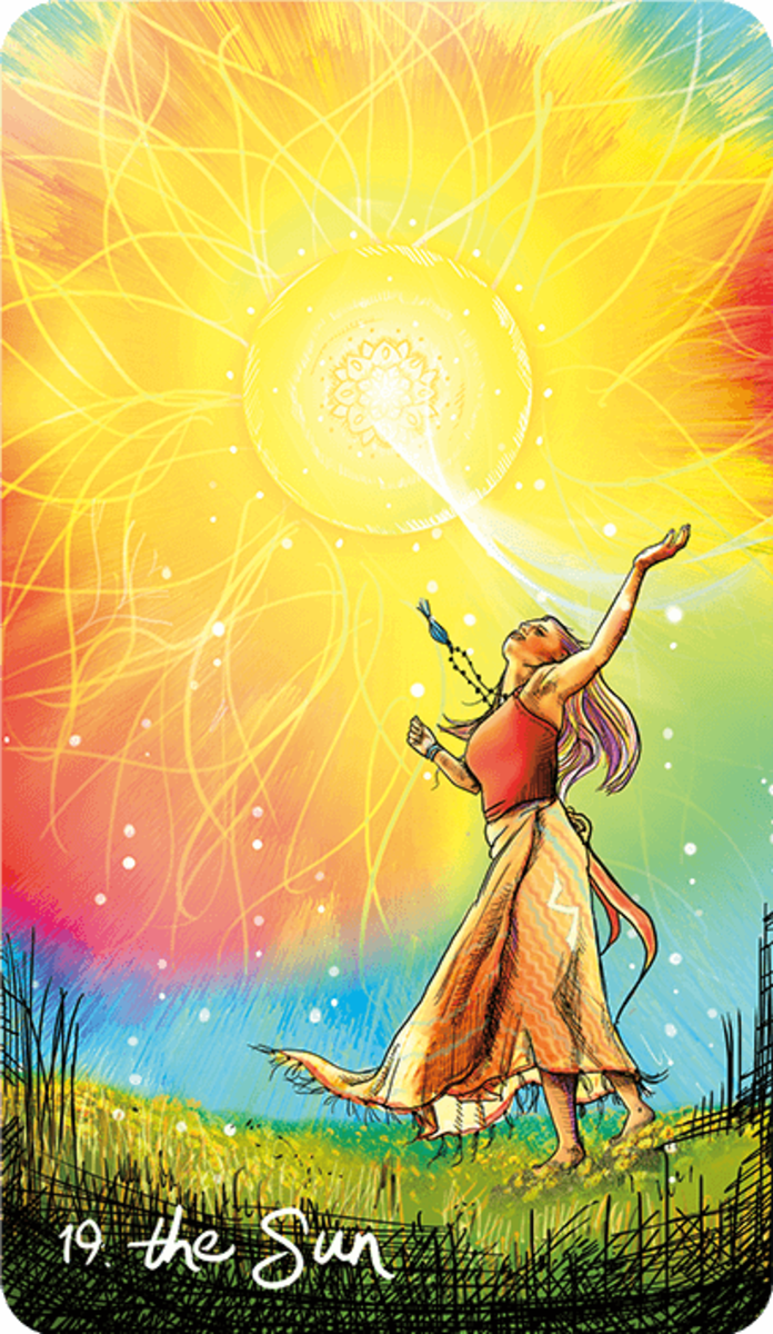 太阳是火焰能量的爆发。它意味着积极和光芒四射。它鼓励人们接受太阳的能量进入他们的生活，从中获取维生素，并恢复他们的信心。太阳牌与三个火象星座相连。