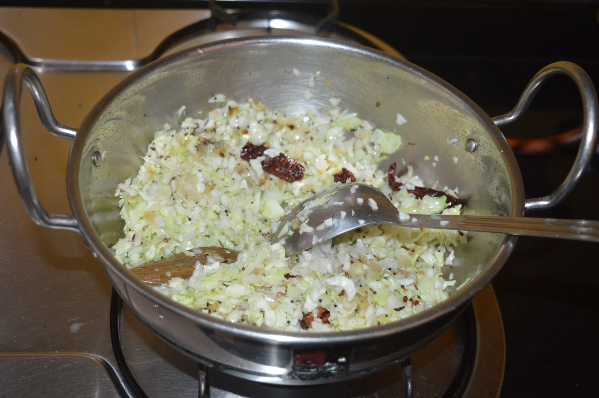 Add chopped cabbage and some salt. Adding salt quickens the cooking process. Cook for 3 or 4 minutes.