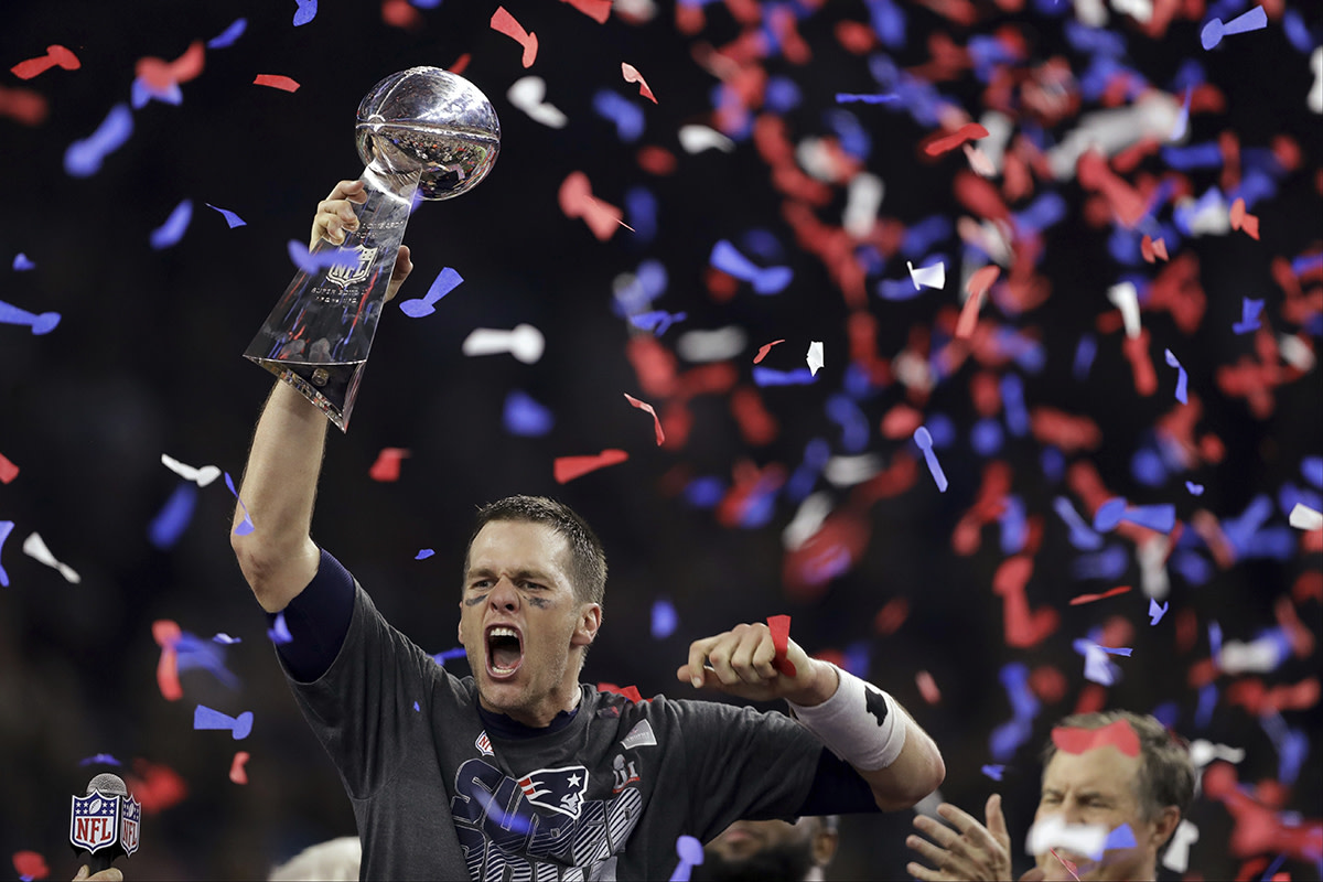 Brady Raising the Lombardi Trophy after Super Bowl LI