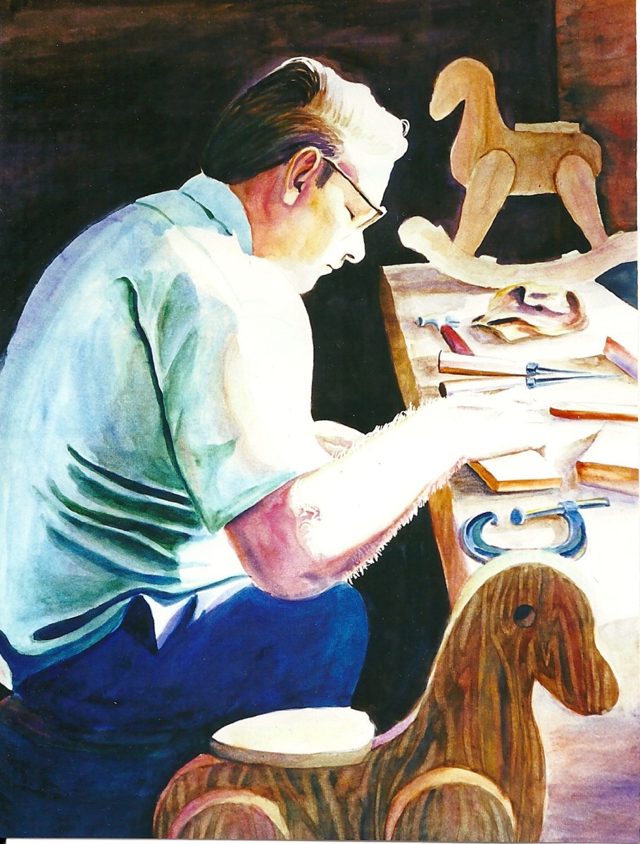 My watercolor painting of dad in his shop