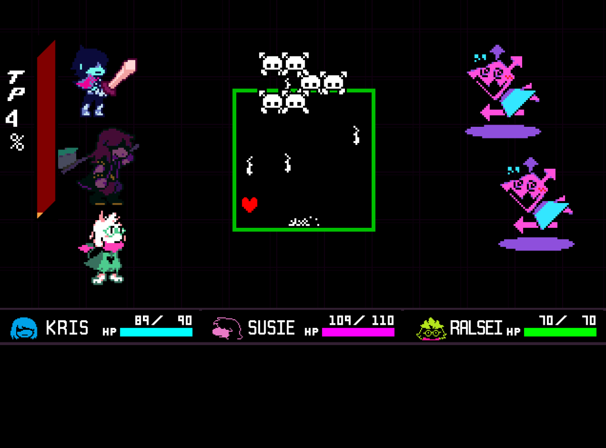 The battle system in "Deltarune" expands on its precedent by granting the player control of up to three characters.