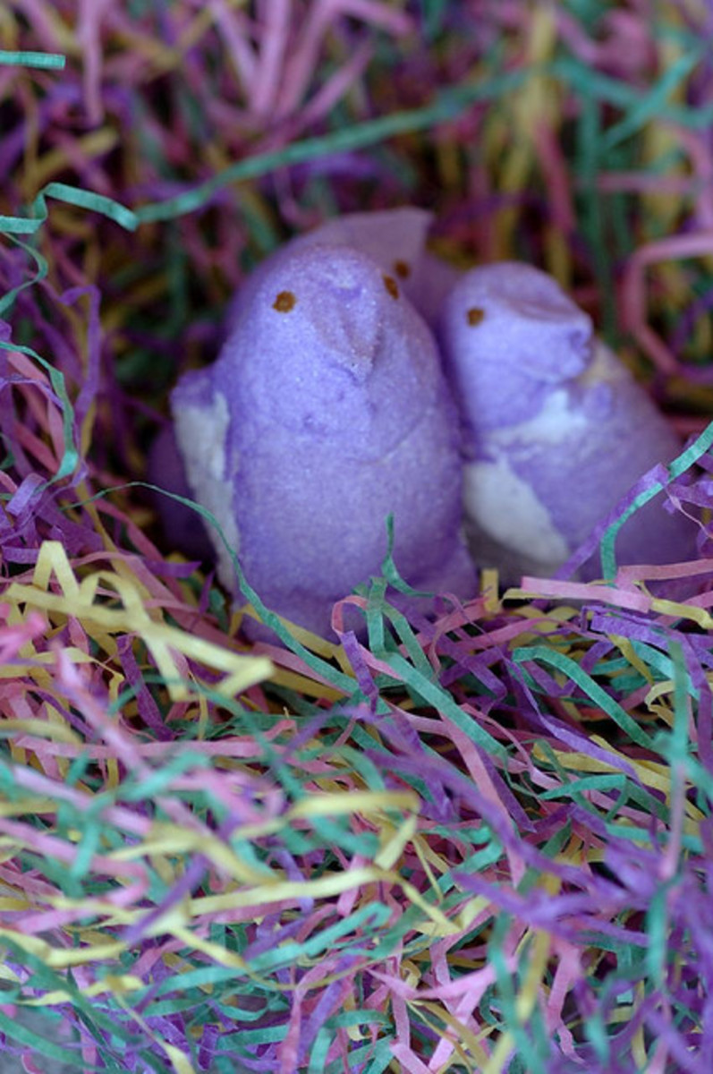 Easter "baskets" were originally nests made in the bell of a bonnet. These peeps are nestled into a modern Easter nest.