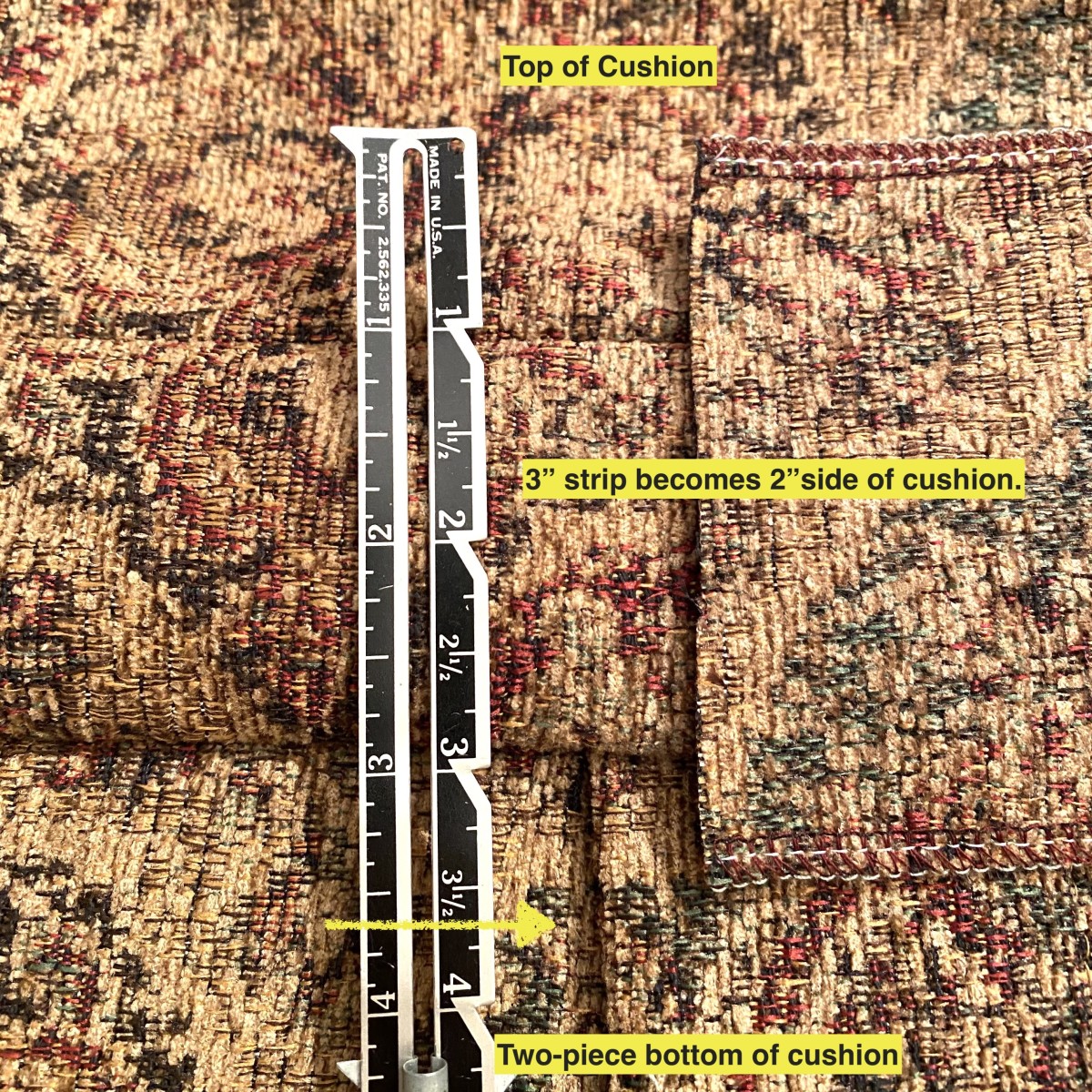 Here is the top, bottom, and the 3" strip that has become the 2" sidewall of the cushion. You can detect the sham style hemmed opening on the bottom piece.