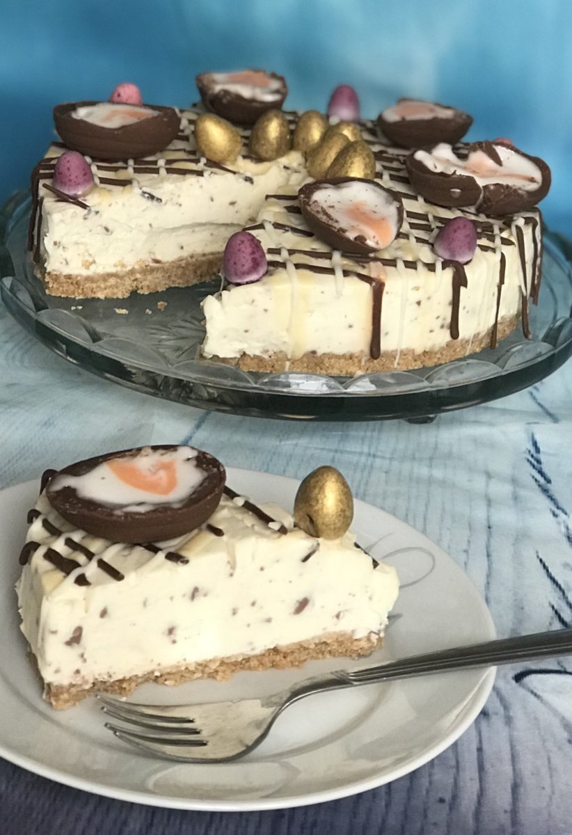 Delicious cheesecake topped with Easter eggs.