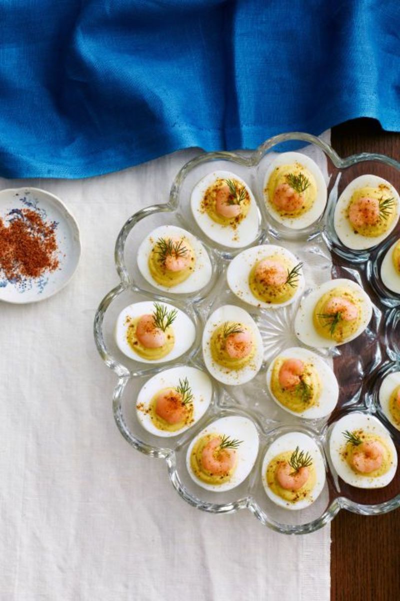 To get your filled of eggs, make deviled eggs and top them with Old Bay Shrimp.