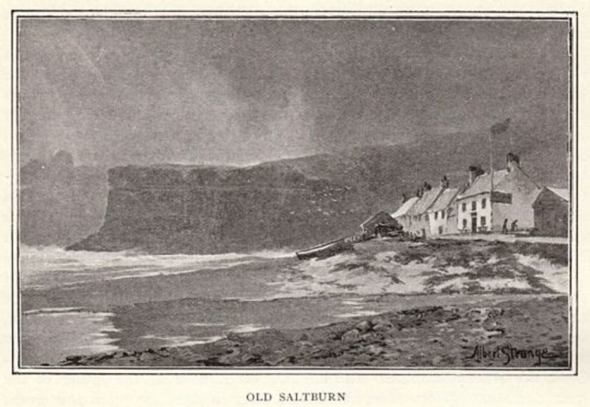'Old Saltburn', as the title tells on this period postcard. Nestling in the lee of Huntcliff,. Scotsman John Andrew settled here as local squire and JP... and boss of local smugglers. 
