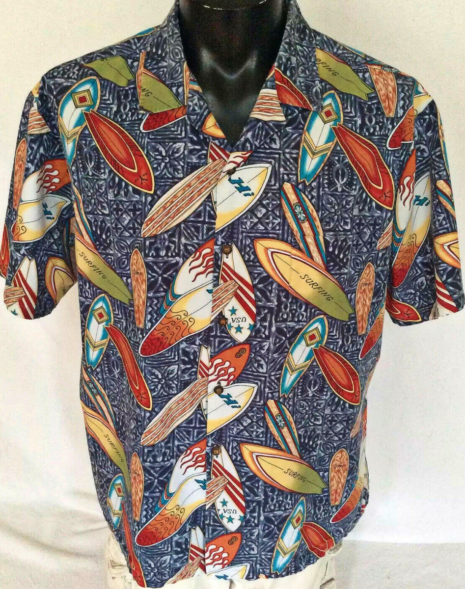 Vintage ~ Hawaiian  Men’s Size 2X "MADE IN USA" Hawaiian Surf Board SS Shirt ~Surfing  ... Vintage HAWAII - Made in USA cotton short sleeve button down Hawaiian shirt. Colorful and simply that. Gray design, covered in colorful surf boards. 