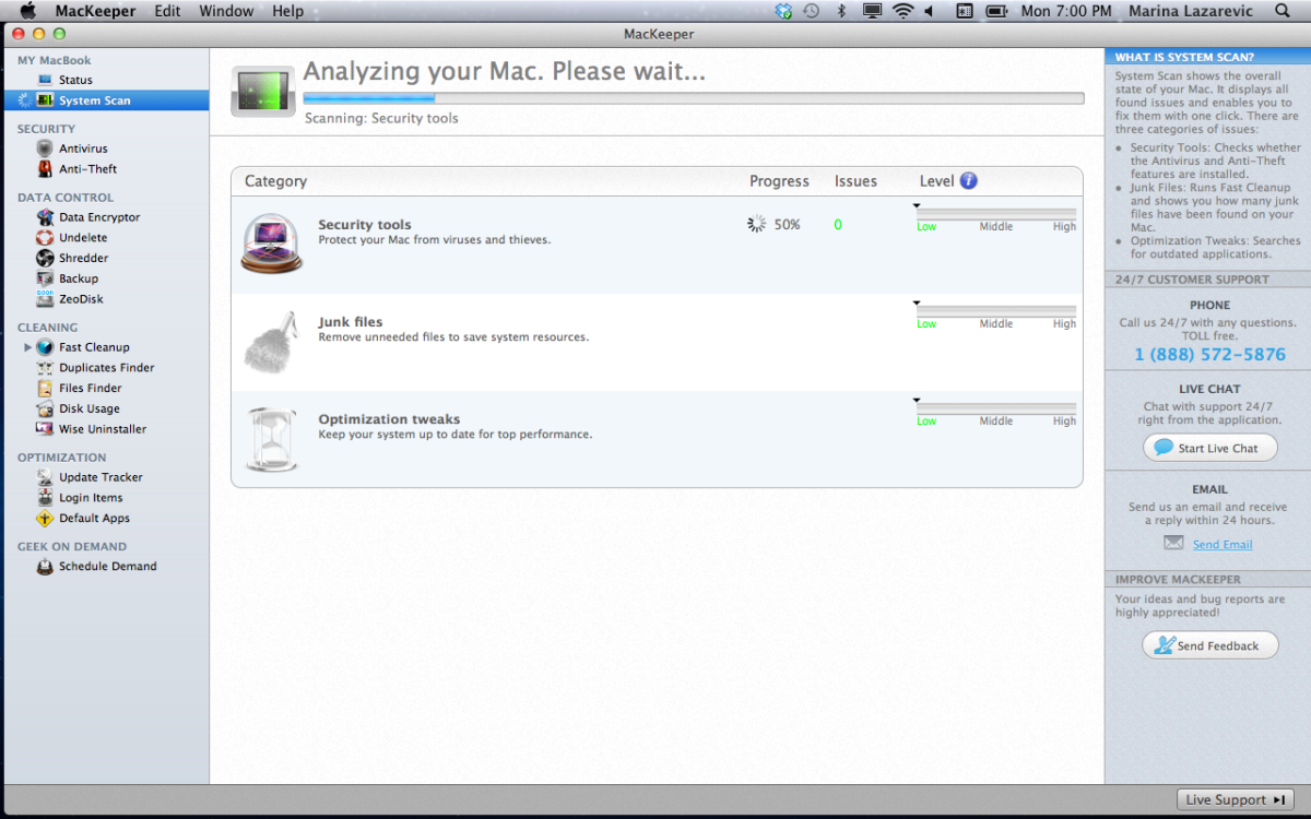 MacKeeper UI. Note Live Chat in right sidebar. iTunes-like menu in the left sidebar.