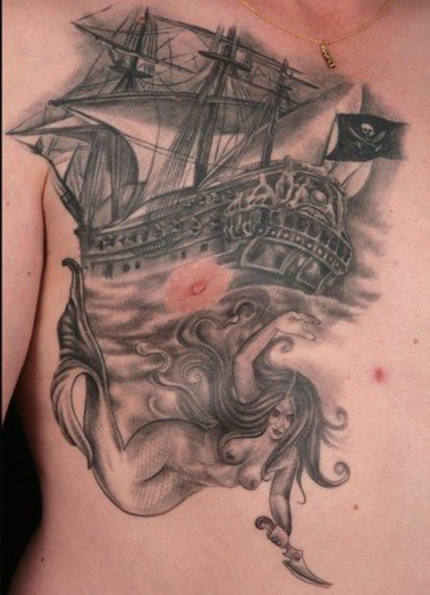 Mermaid and Pirate Ship Tattoo 