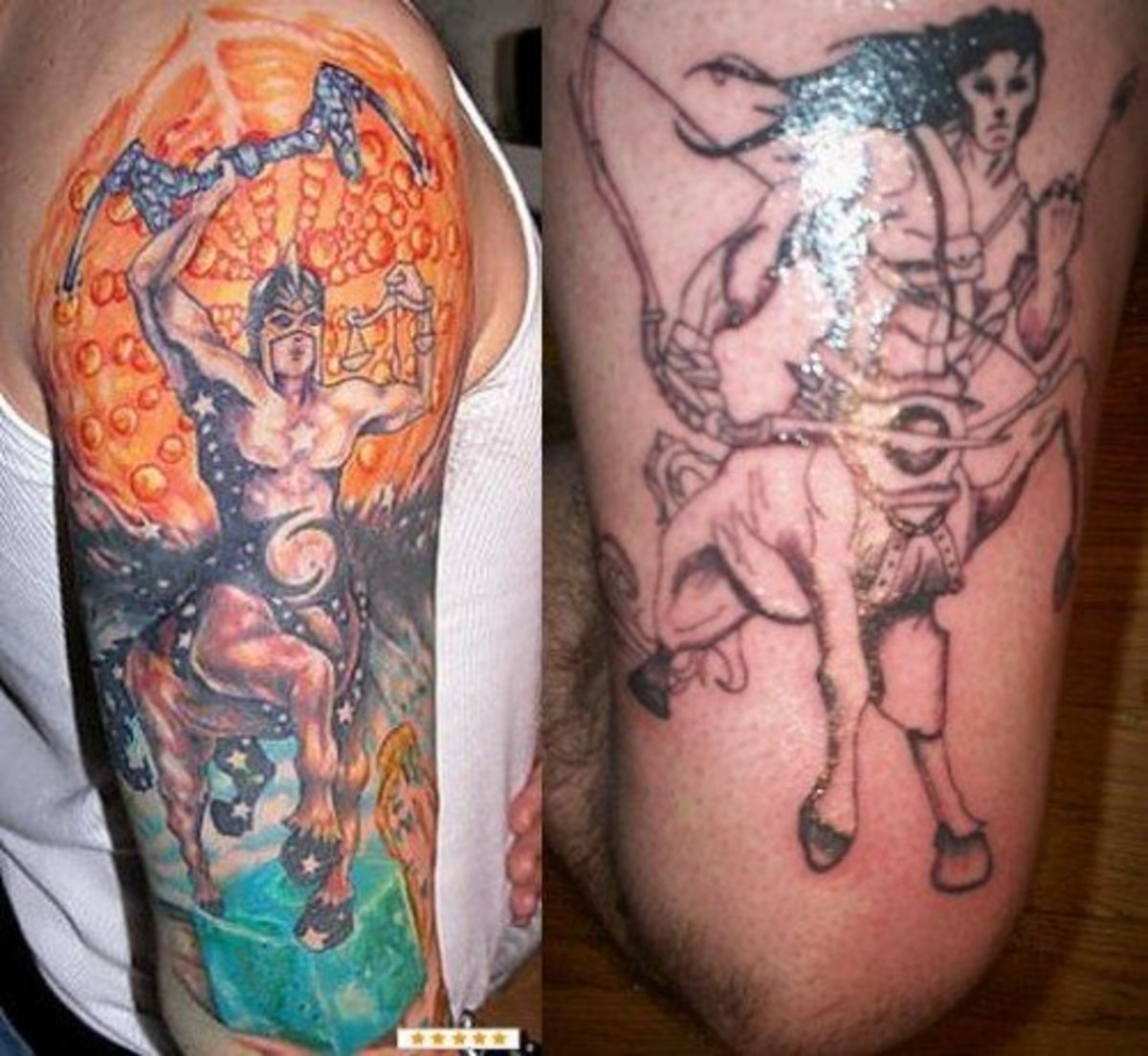 A full sleeve as compared to a simpler black centaur tattoo.
