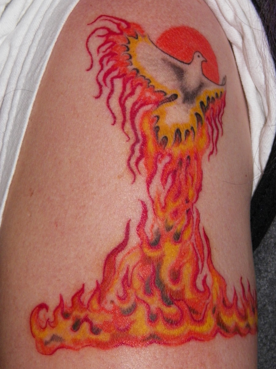 A flaming Phoenix tattoo.