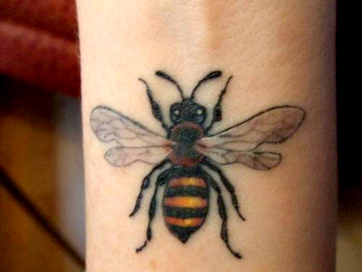 Honey bee tattoo on the back of the right arm.