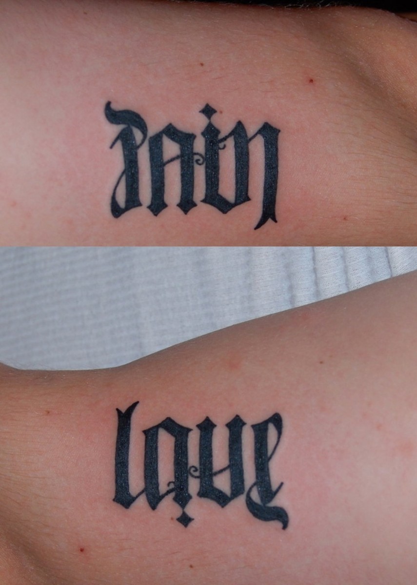 Ambigram tattoo: From one angle, it looks like love, but from another, it's pain. 