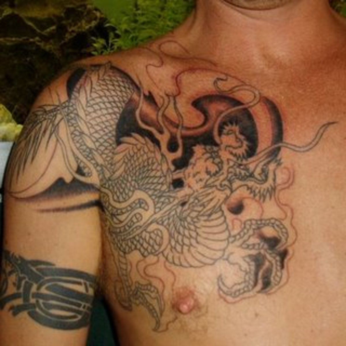 Sunset Tattoo — Japanese dragon half sleeve with chest plate by...