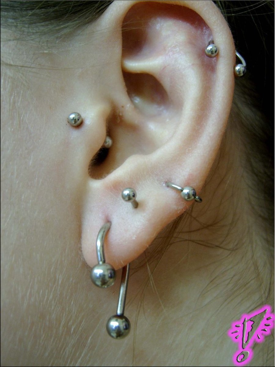 The tragus piercing is the one furthest to the left.