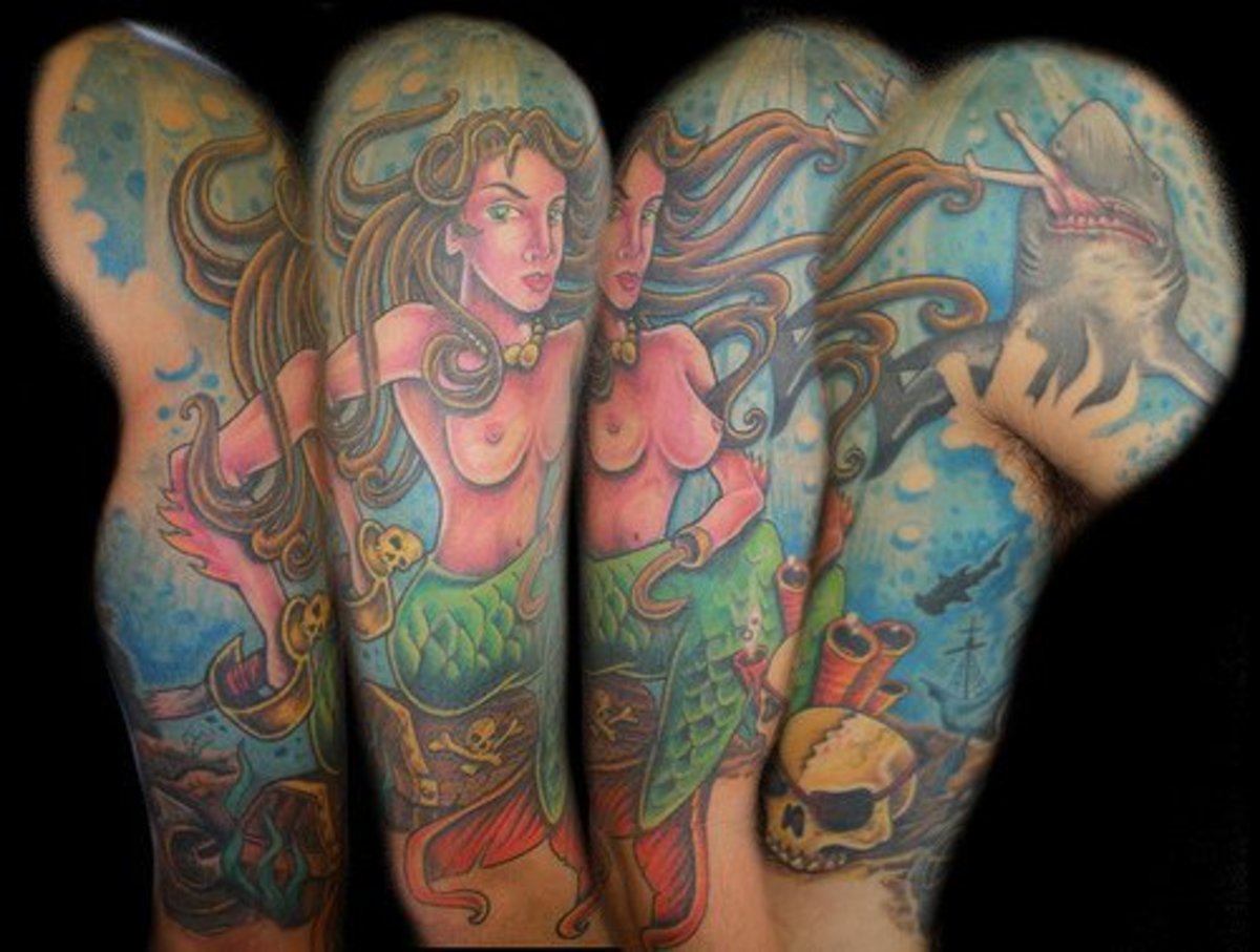 Mermaid-themed sleeve tattoo design.