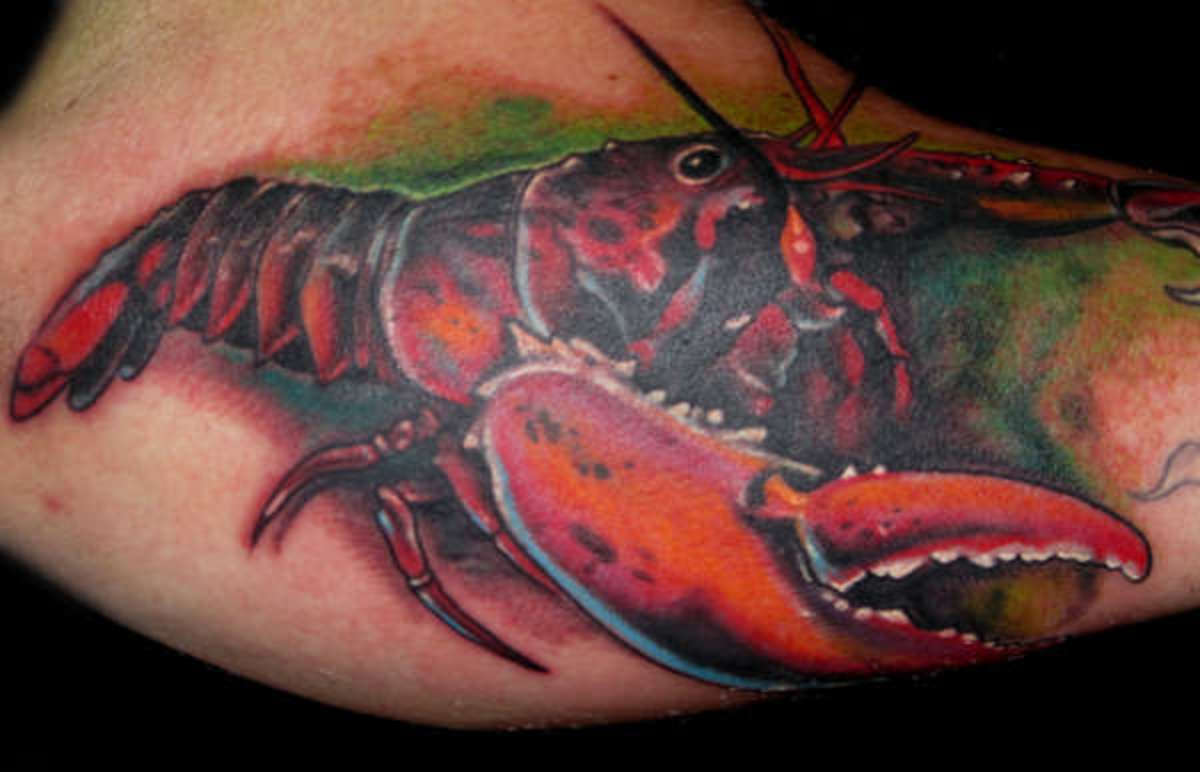 A vibrant, detailed lobster tattoo.