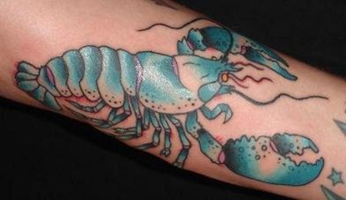 A lobster tattoo with blue ink.