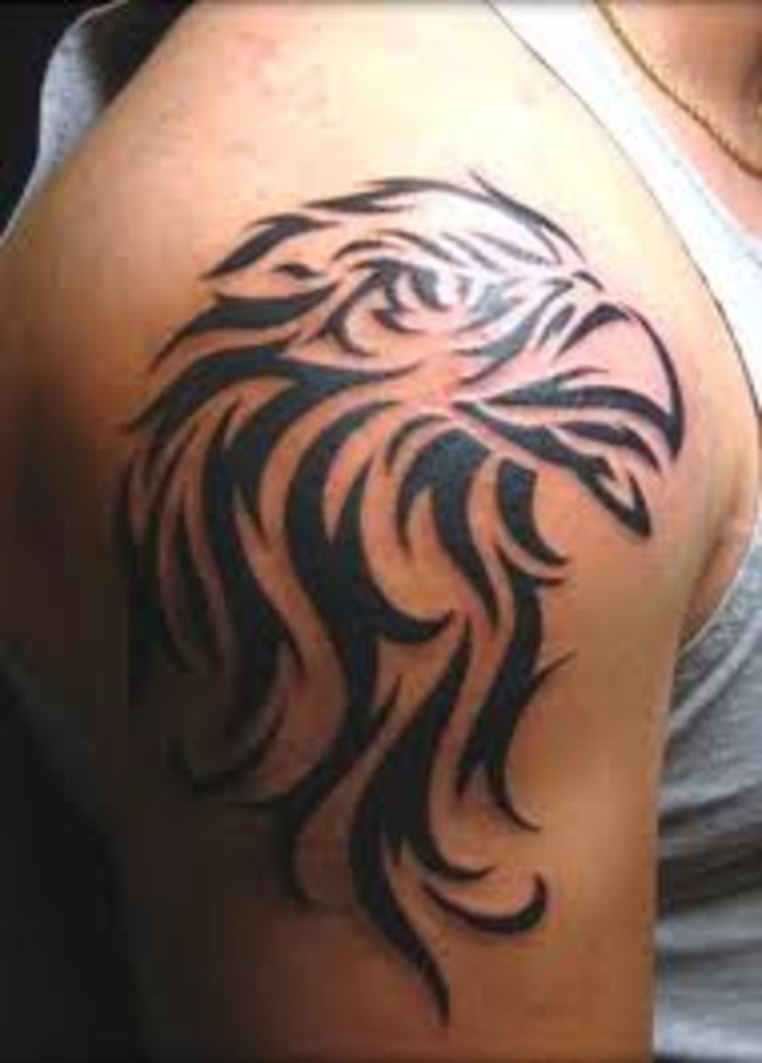 Tribal-style eagle tattoo.