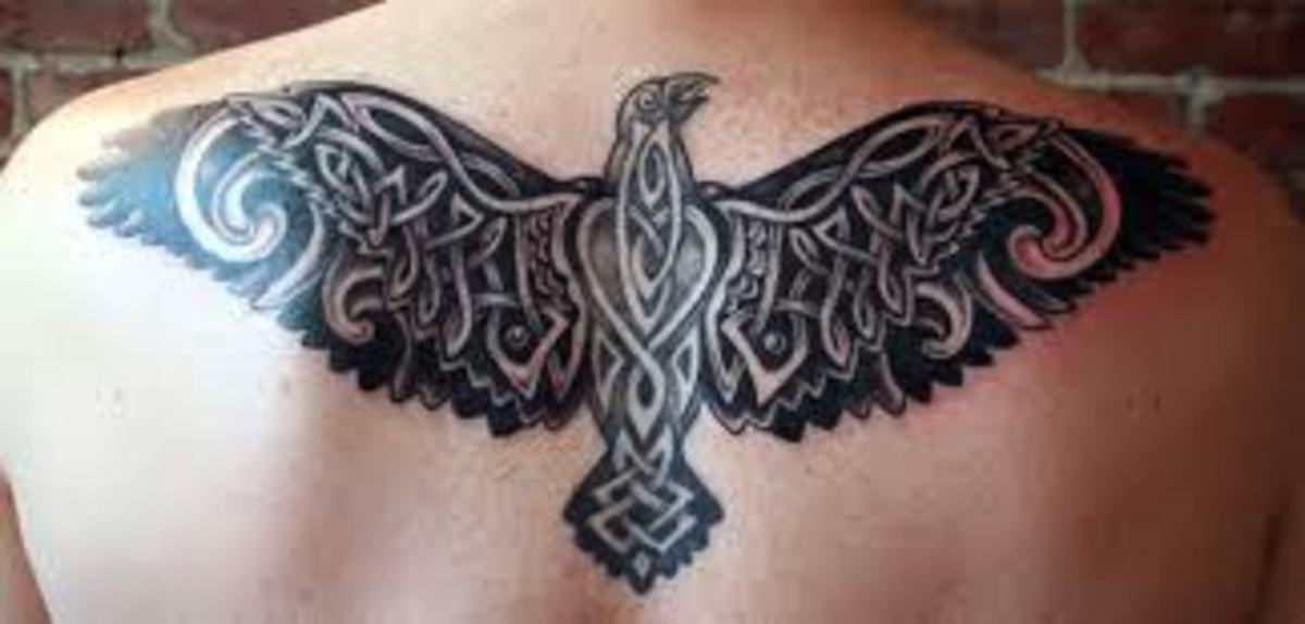 Celtic-style eagle back tattoo.