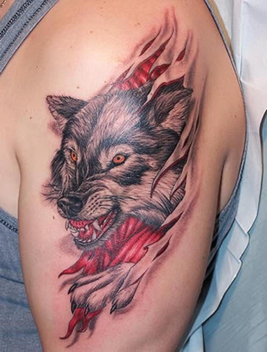 A wolf tattoo.