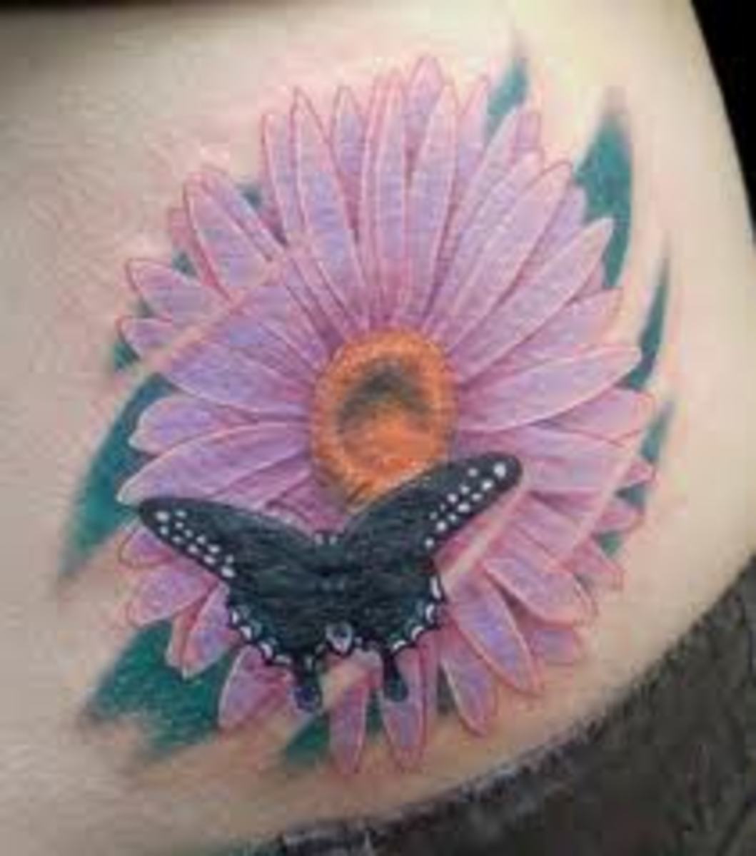 This daisy-and-butterfly tattoo is layered to create a three-dimensional effect.