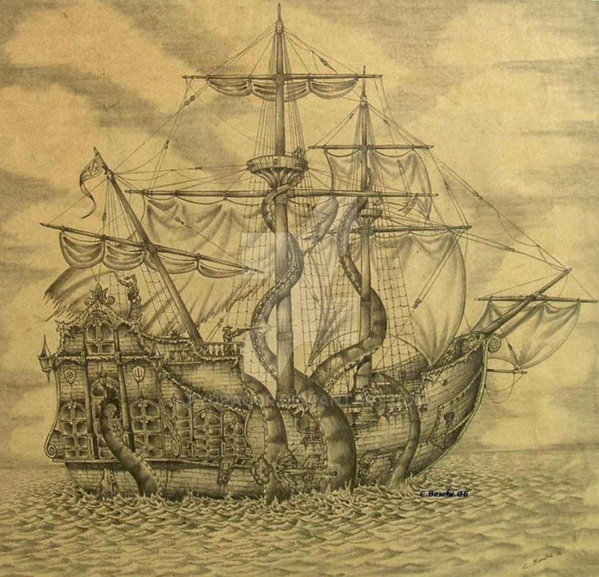 Кракен гравюра корабль