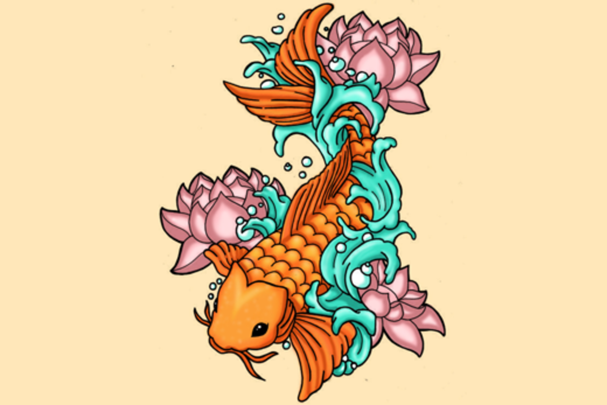 A koi swimming with lotus flowers symbolizes beauty that comes out of hard circumstances.