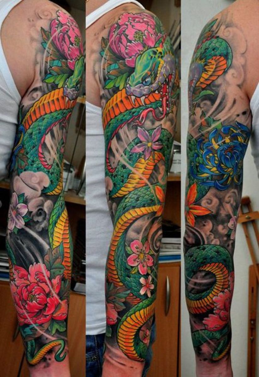 Japanese snake tattoo by Dmitriy Samohin.